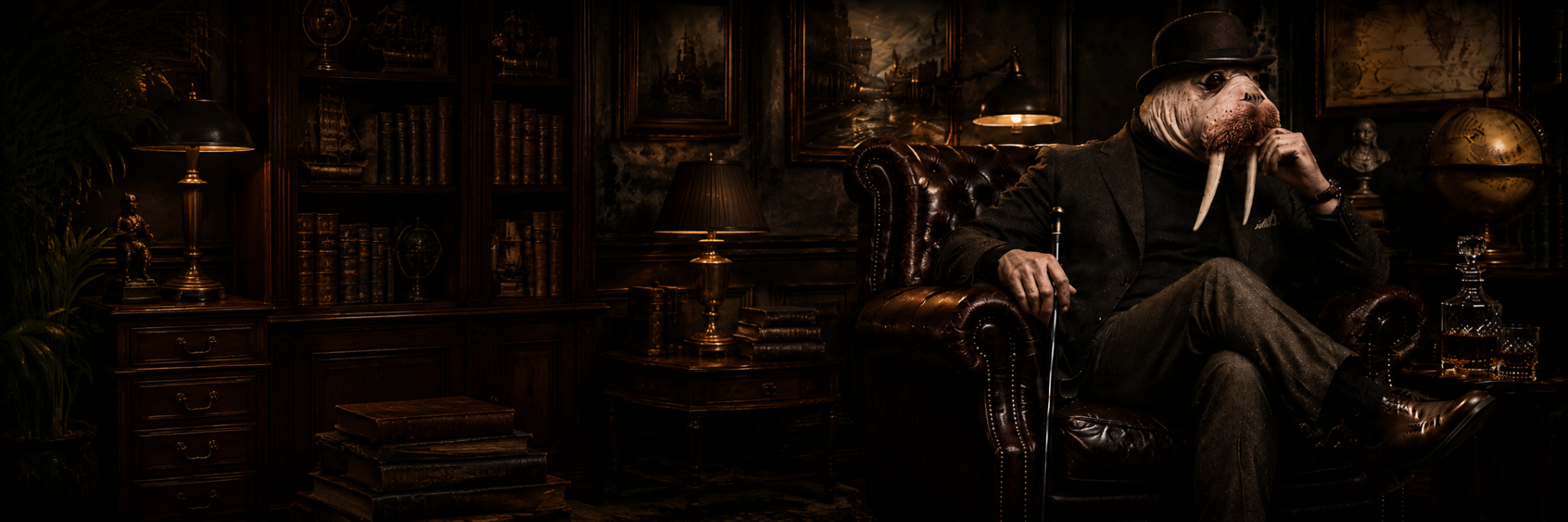 Reginald Brine seated in a dark Victorian study