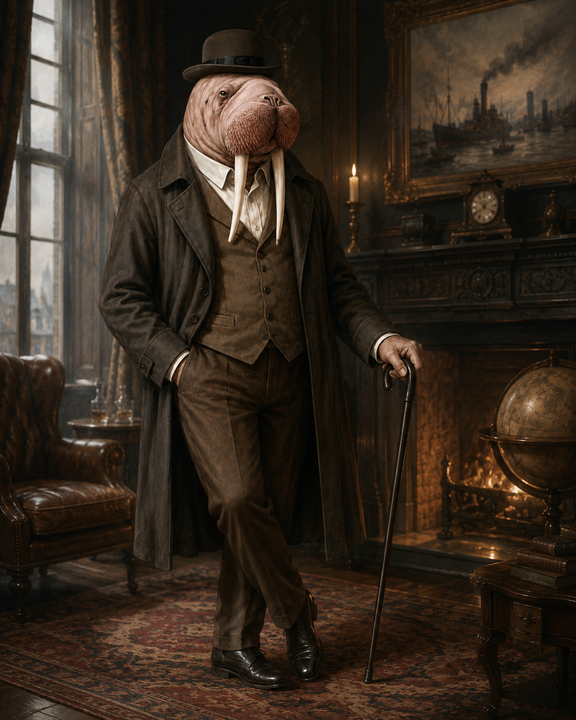 Reginald Brine standing with a cane in his study